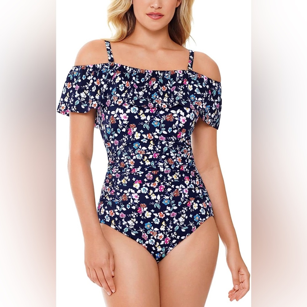 🖤 Swim Solutions Ditsy Off-the-Shoulder One-Piece Swimsuit – Navy Blue | Size 14